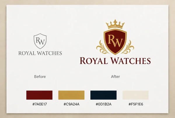 A board showing an old luxury watches logo beside the new redrawn logo and its colours