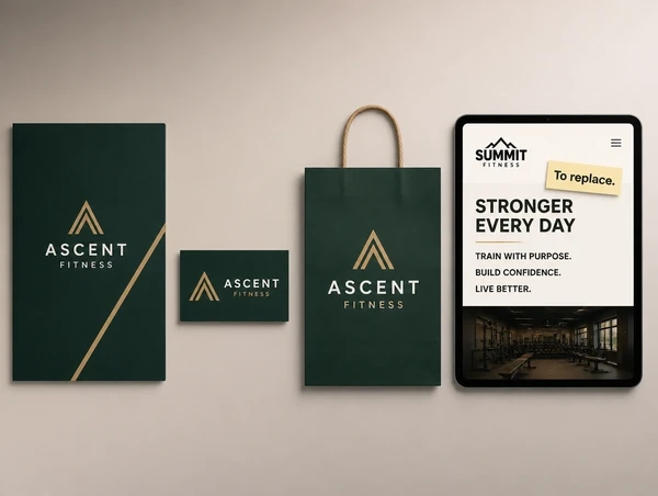 Four boutique gym items where three carry the new identity and one still shows the old logo
