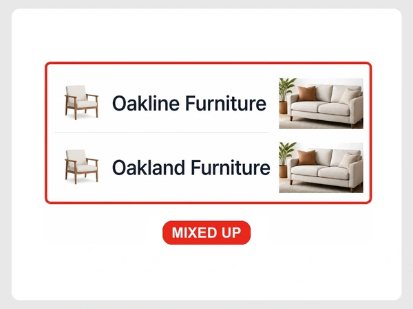Browser history shows Oakline Furniture and Oakland Furniture with nearly identical chair favicons.