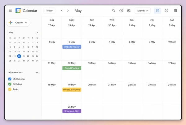 A Google Calendar month view with four dated steps of a chocolate maker rebrand rollout