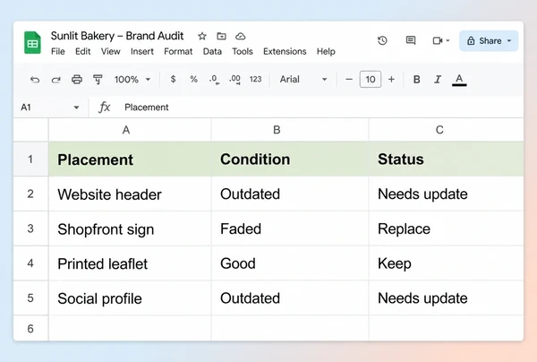 A Google Sheets brand audit listing four places an artisan bakery logo still appears
