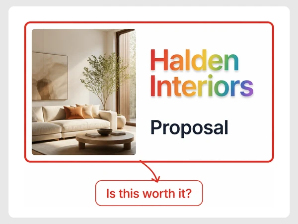 Halden Interiors proposal shows a dated rainbow logo beside a client asking Is this worth it?
