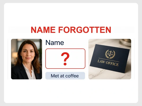 A law office contact card shows Name as a red question mark and Met at coffee.