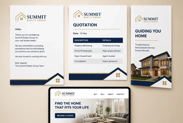 A letterhead, quotation, leaflet and website header for a real estate agency rebuilt in the new brand