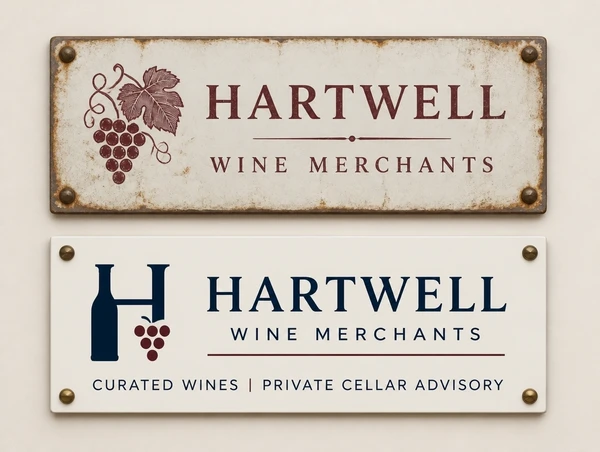 An old wine merchant name plate above a new plate carrying the updated logo and line