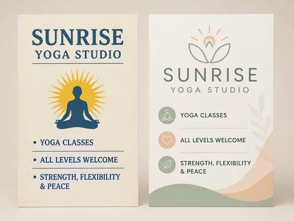 An older yoga studio leaflet beside the updated version carrying the same business name