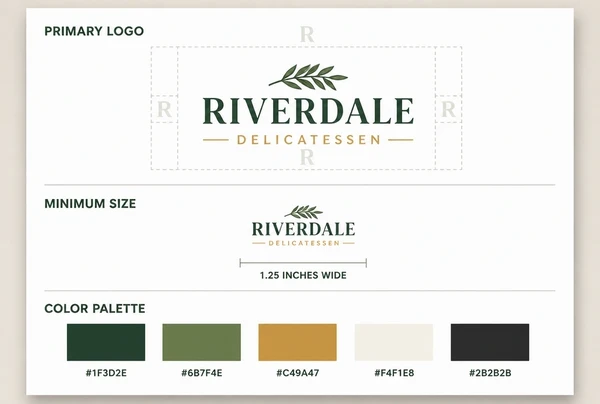 A printed delicatessen guidelines page showing logo spacing, minimum size and colour codes
