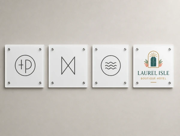 Four sign panels in a row where only the rebranded boutique hotel one carries full colour
