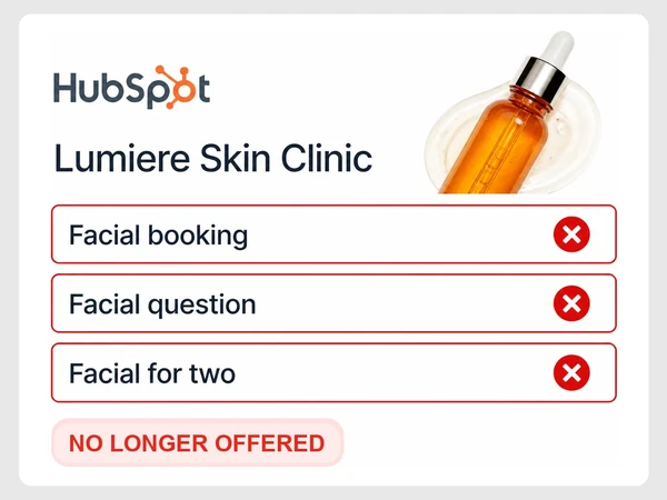 Lumiere Skin Clinic inbox contains three facial inquiries for a service no longer offered.