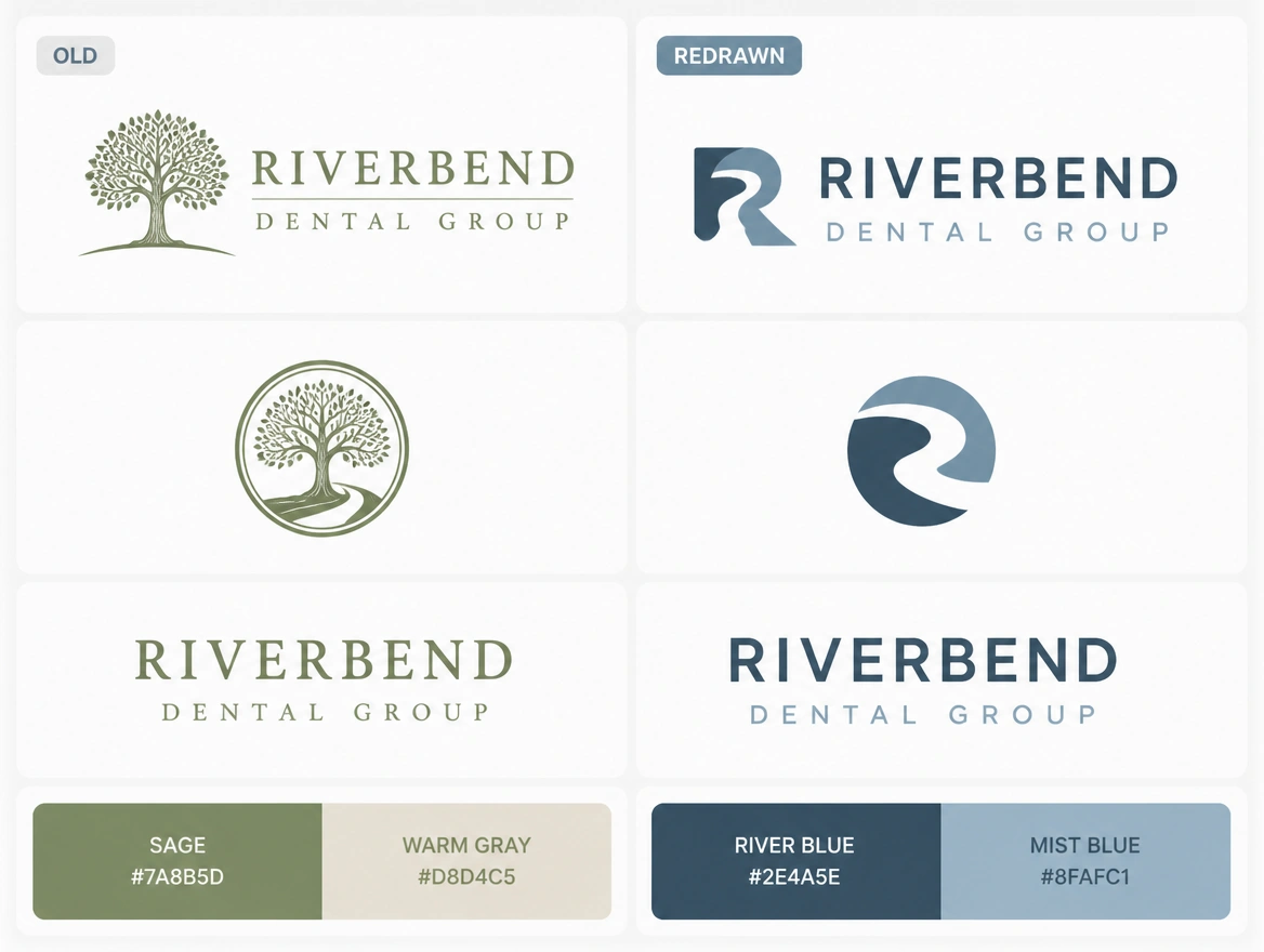 A before and after board pairing a dental group's first logo with its redrawn version and palette