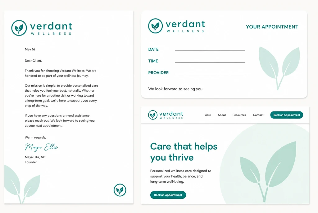 A matched set of a document, an appointment card and a website header for one business in one new logo