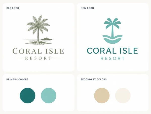 A before and after board pairing an island resort's first logo with its redrawn version and palette