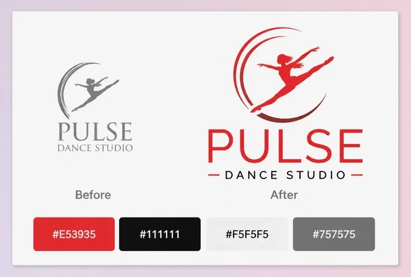 A board showing an old dance studio logo beside the new redrawn logo and its colours