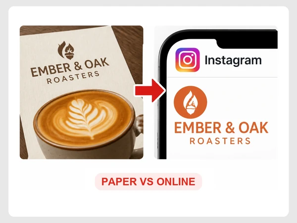 Ember & Oak Roasters logo appears brown on a printed menu and orange on Instagram.