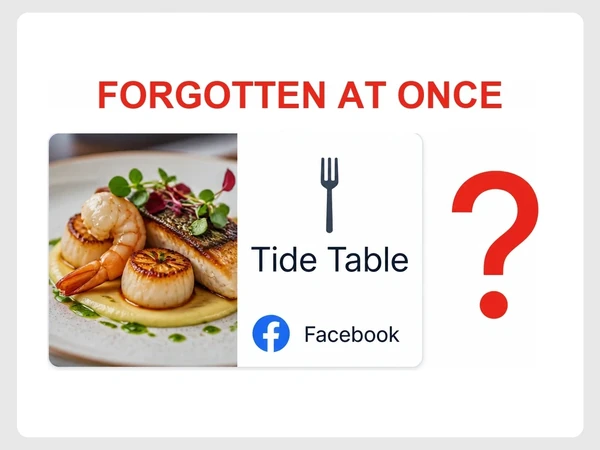 Tide Table Facebook ad pairs plated seafood with a generic fork logo and question mark.