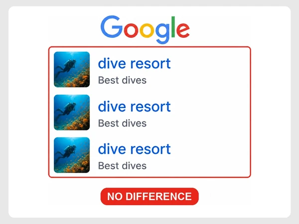 Three Google dive resort results use identical wave logos and the same Best dives tagline.