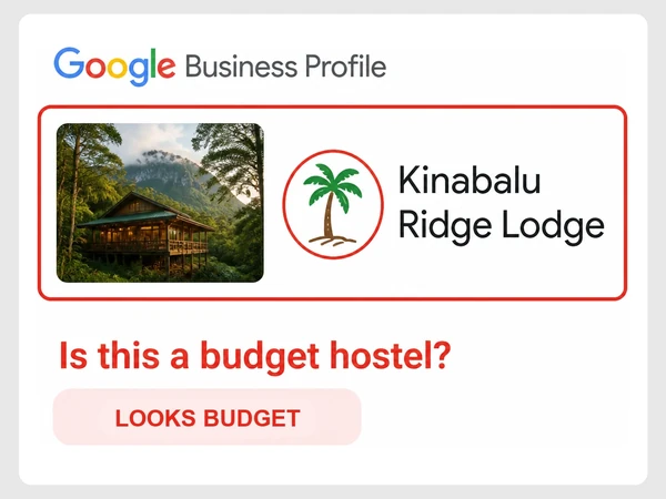 Kinabalu Ridge Lodge profile pairs a stunning rainforest lodge with a crude clipart palm logo.