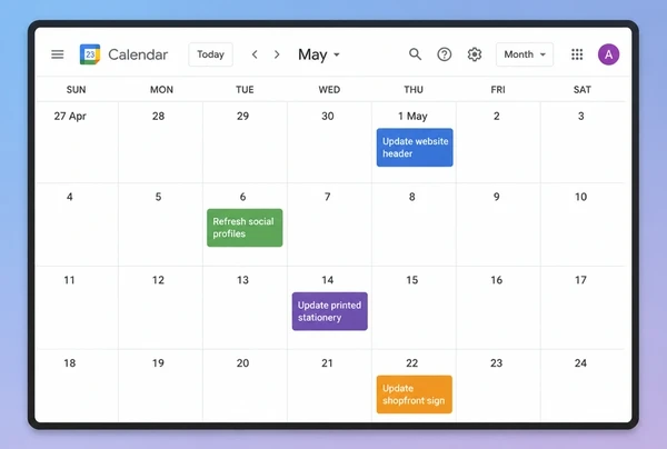 A Google Calendar month view with four dated steps of a law practice rebrand rollout