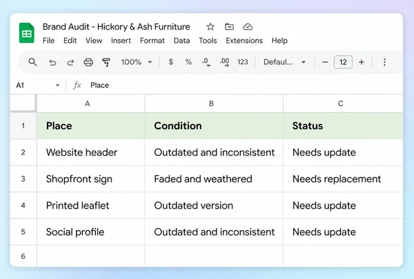 A Google Sheets brand audit listing four places a furniture maker logo still appears