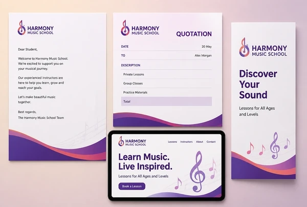 A letterhead, quotation, leaflet and website header for a music school rebuilt in the new brand