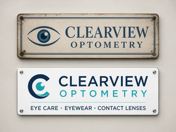 An old optometry practice name plate above a new plate carrying the updated logo and line