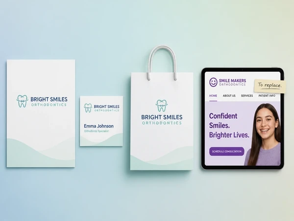 Four orthodontic practice items where three carry the new identity and one still shows the old logo