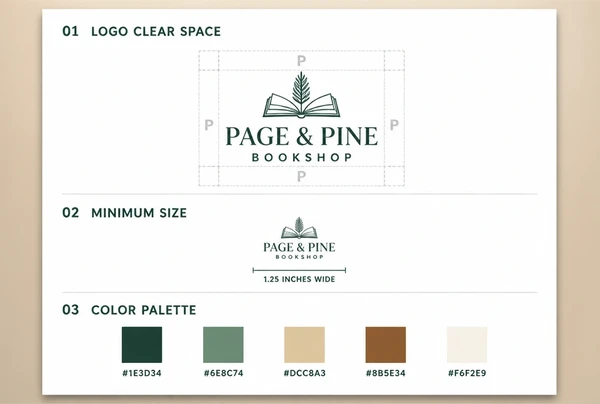 A printed bookshop guidelines page showing logo spacing, minimum size and colour codes