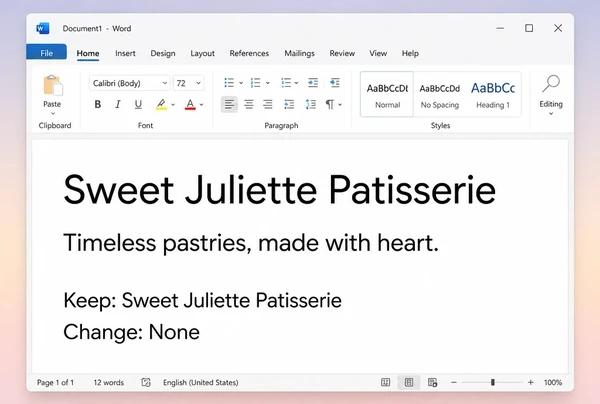 A printed page showing a patisserie business name with a proposed brand line and notes