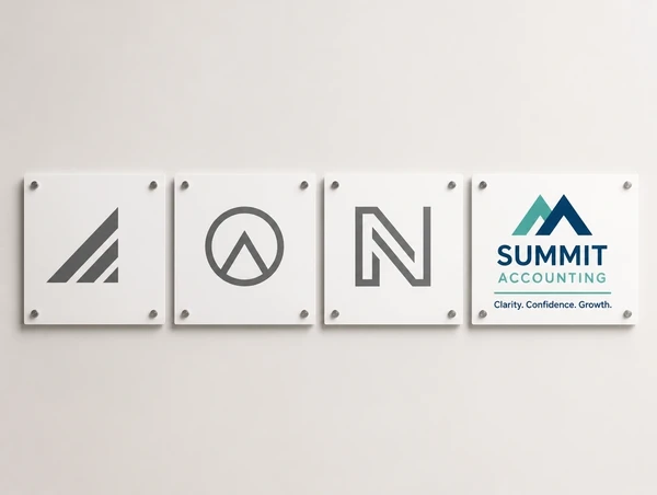 Four sign panels in a row where only the rebranded accountancy practice one carries full colour