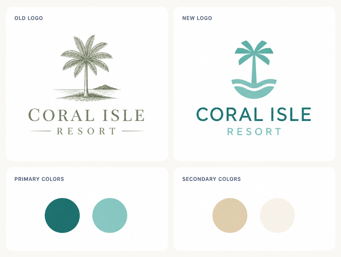 A before and after board pairing an island resort's first logo with its redrawn version and palette