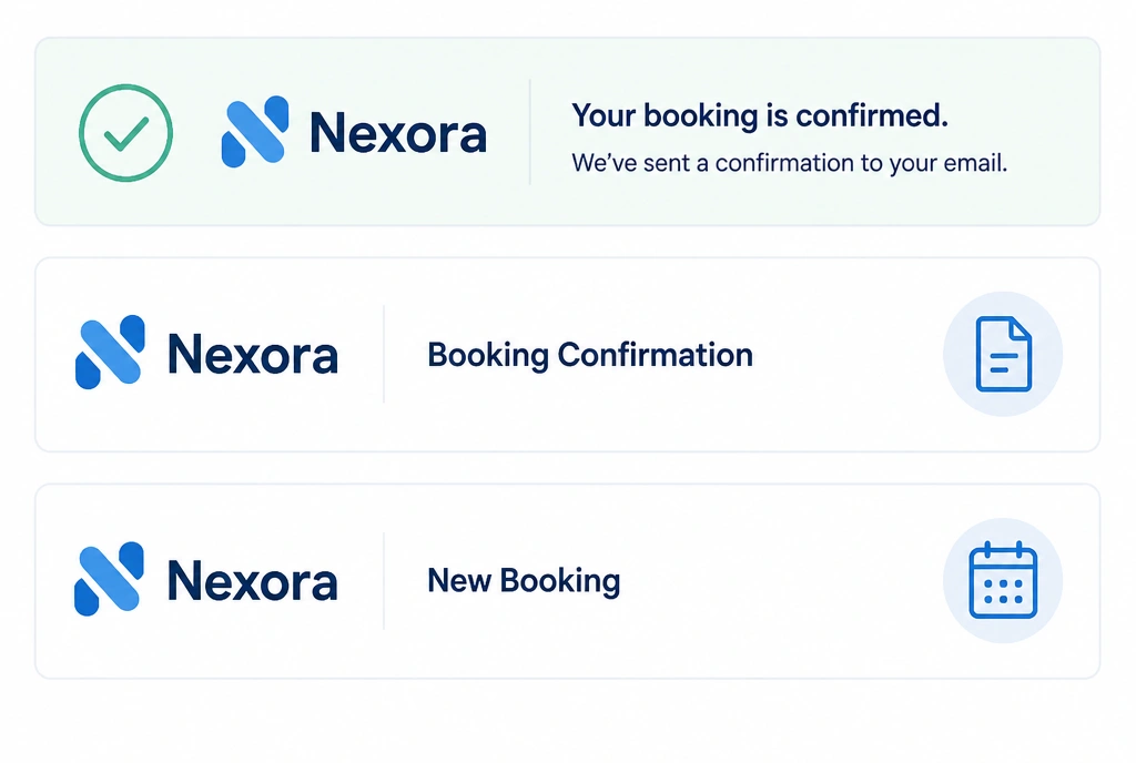 A matched set of a confirmation, a document header and a booking page header in one new logo