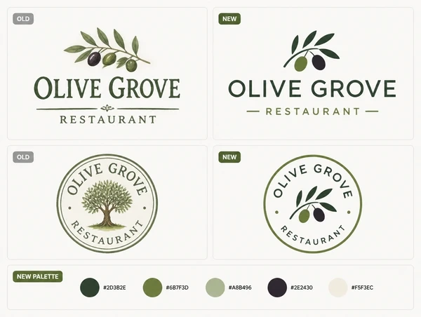 A before and after board pairing a restaurant's old hand-painted logo with its redrawn version and palette