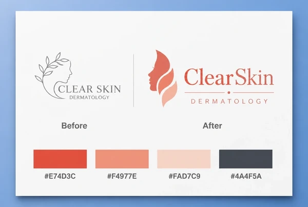 A board showing an old dermatology clinic logo beside the new redrawn logo and its colours