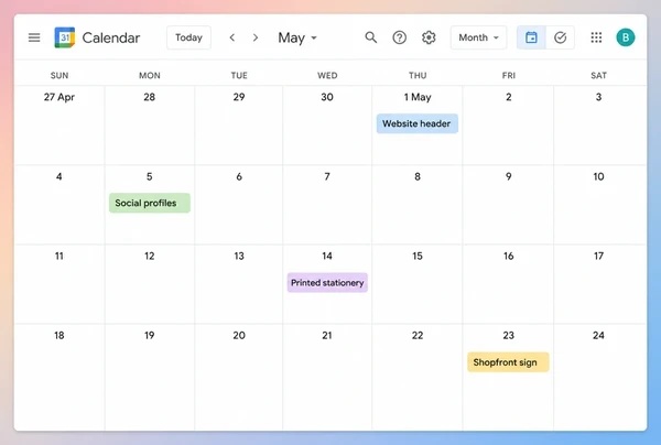 A Google Calendar month view with four dated steps of a fashion boutique rebrand rollout
