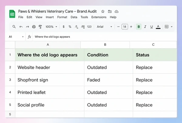A Google Sheets brand audit listing four places a veterinary practice logo still appears