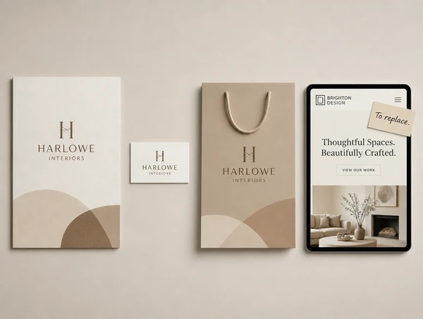 Four interior design studio items where three carry the new identity and one still shows the old logo