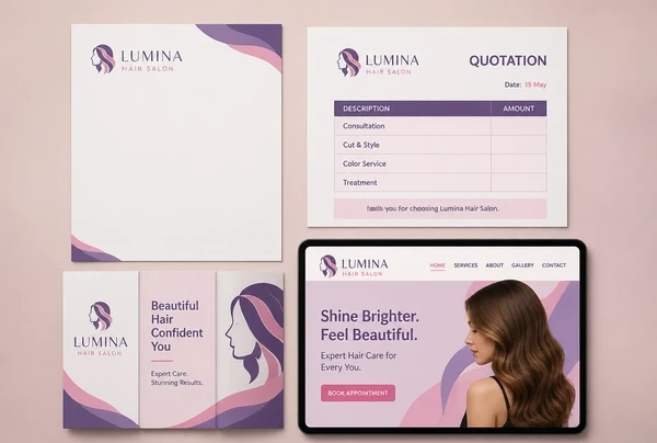 A letterhead, quotation, leaflet and website header for a hair salon rebuilt in the new brand
