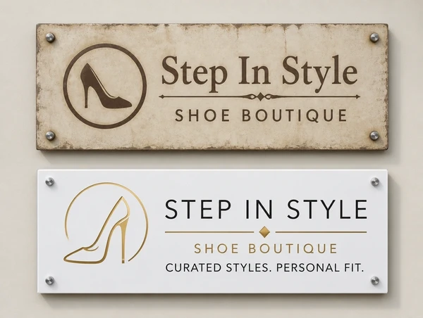 An old shoe boutique name plate above a new plate carrying the updated logo and line