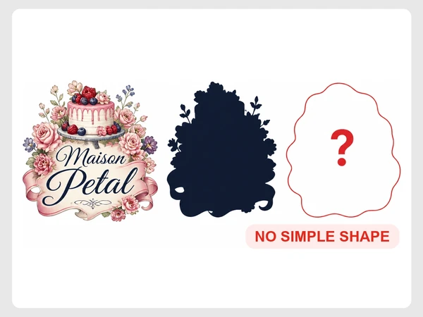 Maison Petal's crowded floral cake logo becomes a shapeless silhouette labeled No Simple Shape.