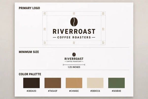 A printed coffee roastery guidelines page showing logo spacing, minimum size and colour codes