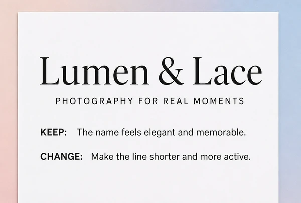 A printed page showing a photography studio business name with a proposed brand line and notes
