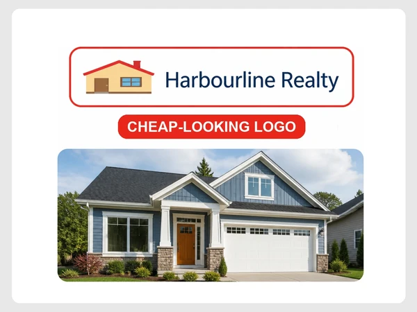 Harbourline Realty's quote uses a stretched clipart house logo labeled Cheap-Looking Logo.