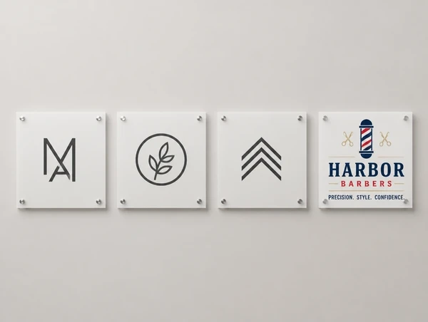 Four sign panels in a row where only the rebranded barber shop one carries full colour