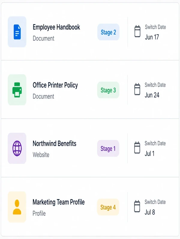 A tall staged rollout sheet listing documents, print, the website and profiles with a stage and a switch date beside each row