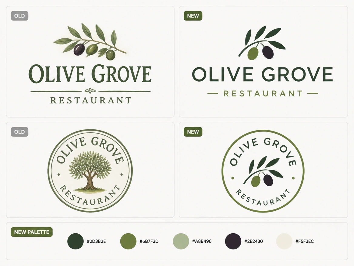 A before and after board pairing a restaurant's old hand-painted logo with its redrawn version and palette