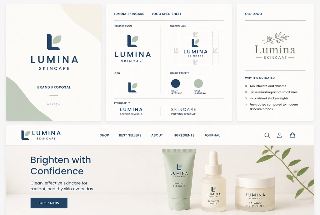 A matched set of a proposal cover, a spec sheet and a website header for one skincare brand in one new logo