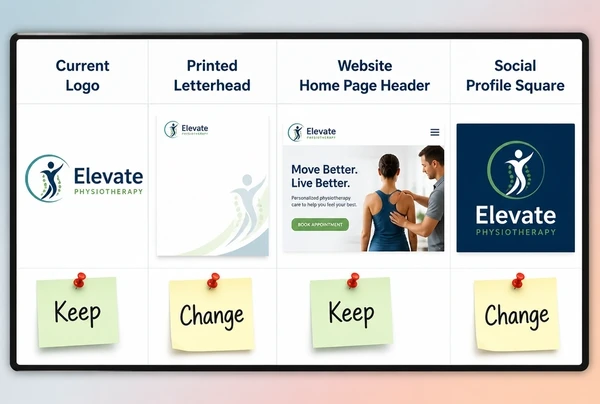 An audit board showing a practice logo, letterhead, website header and profile with keep or change notes