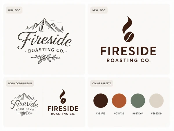 A before and after board pairing a roastery's hand-drawn first logo with its redrawn version and palette