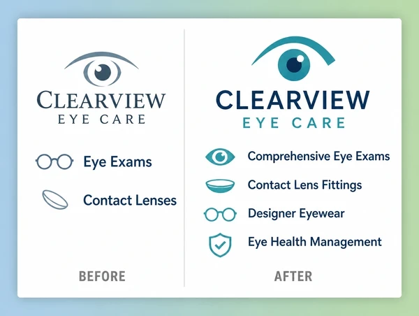 A board pairing an optometry practice old logo and two services with the redrawn logo and four services