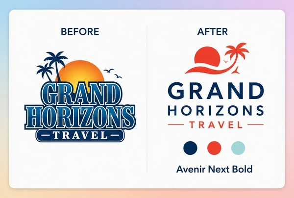 A board pairing a travel company old logo with the redrawn one, its swatches and typeface